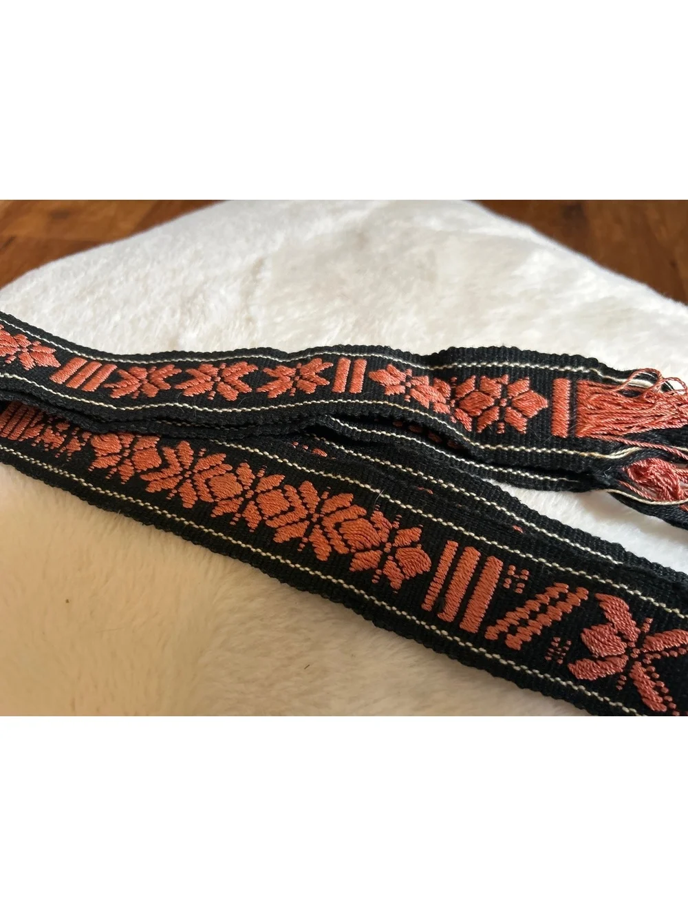 Vintage Black and Coral Woven Textile Belt with Floral Pattern
